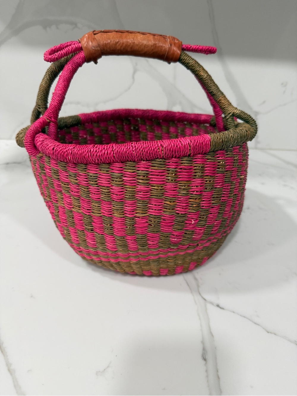 Handwoven Pink & brown shoppers Basket Tote with Leather Handle